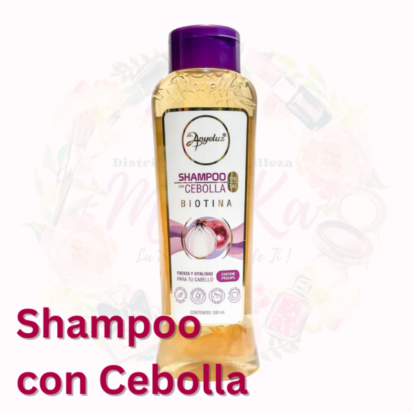 Shampoo con Cebolla Anyeluz, único en el mercado con cebolla roja adentro, fórmula única concentrada con quercetina, antioxidante, resistencia a ruptura y descamación.